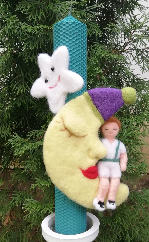 Lumânare botez băiat cu lună somnoroasă și băiețel
