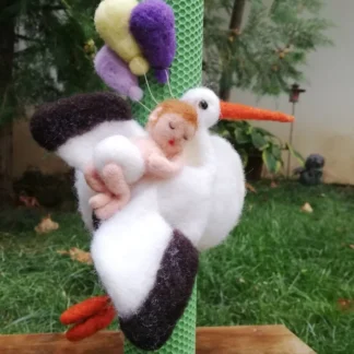 Lumânare botez băiat cu bebeluș, barză și baloane