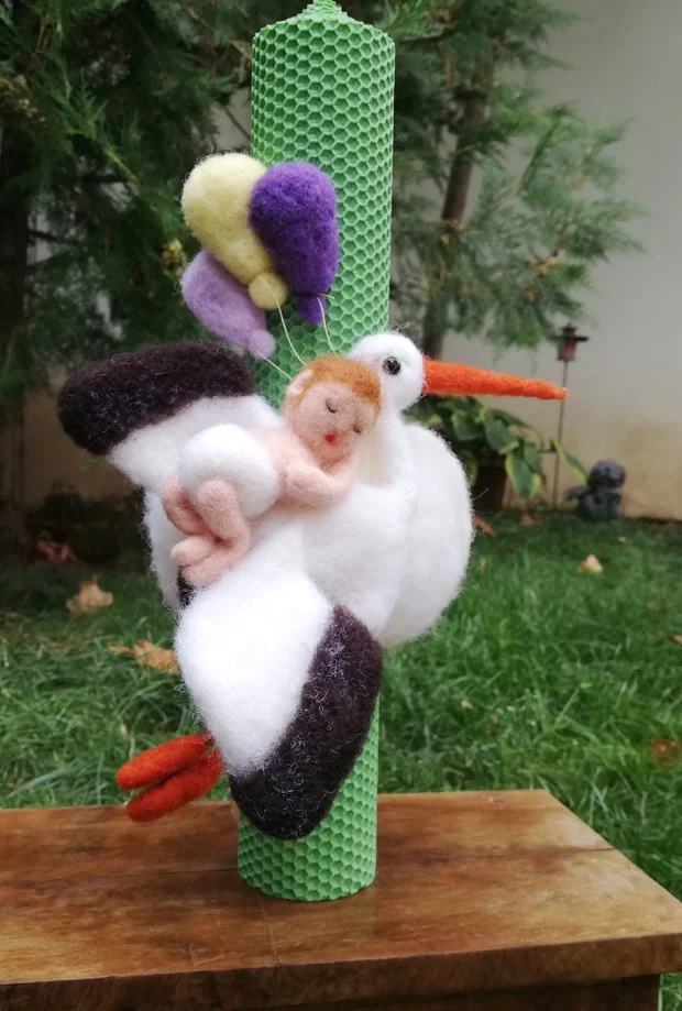 Lumânare botez băiat cu bebeluș, barză și baloane