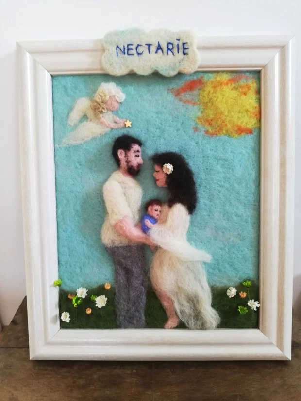 Tablou personalizat din lână pentru botez cu familie