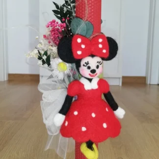 Lumânare botez fetiță cu Minnie Mouse și flori uscate