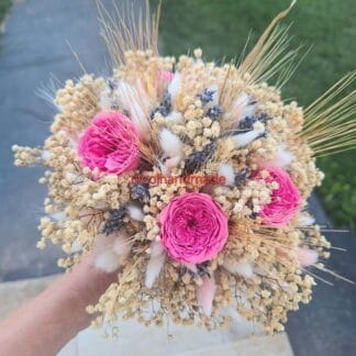 Buchet mireasă cu lavandă, spice de grâu și trandafiri criogenați roz 1
