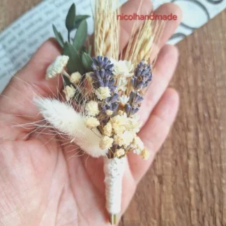 Cocardă de nuntă cu lavandă, spice de grâu și floarea miresei 1
