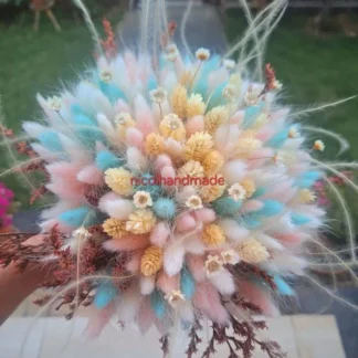 Buchet de cununie din flori uscate în nuanțe de roz, bleu, alb și crem 1