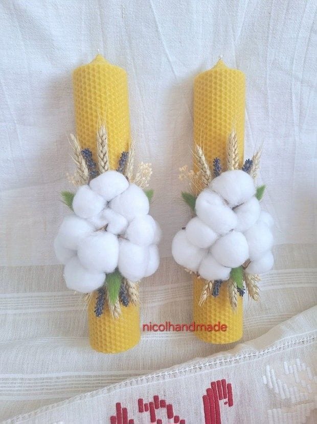 Lumânări de nuntă din ceară naturală cu flori de bumbac și lavandă